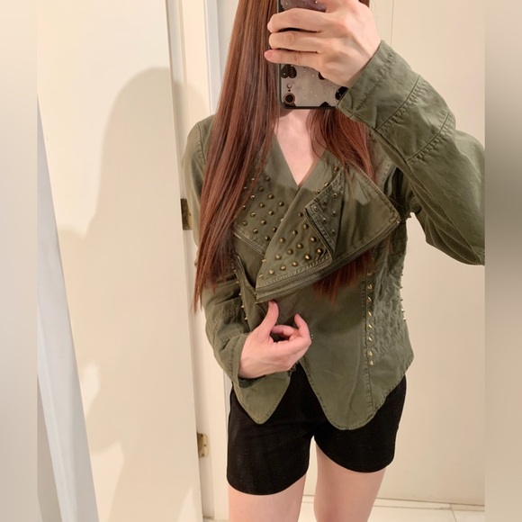 Forever 21 Military Studded Spiked Moto Jacket Olive Green Size M - Picture 2 of 7
